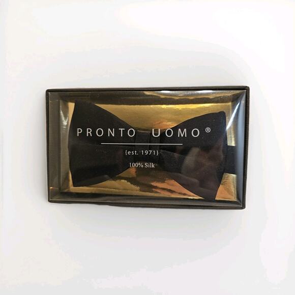 Pronto Uomo - 100% Silk Black Bow Tie - Formal Wedding Event Brand New - Picture 1 of 2